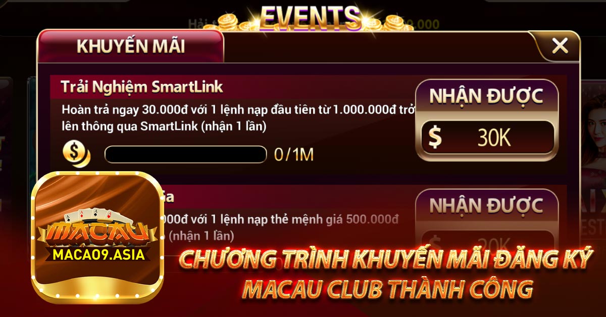 Chương trình khuyến mãi đăng ký Macau Club thành công